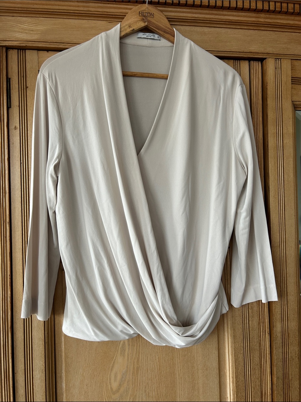 MM Lafleur Cream Draped Twist-Front Long Sleeve Top like new